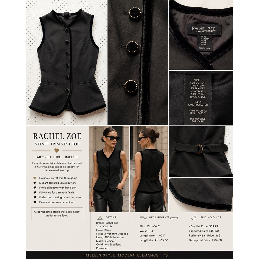 Rachel Zoe Black Velvet Trim Vest Top Sleeveless Button Front Back Belt XS